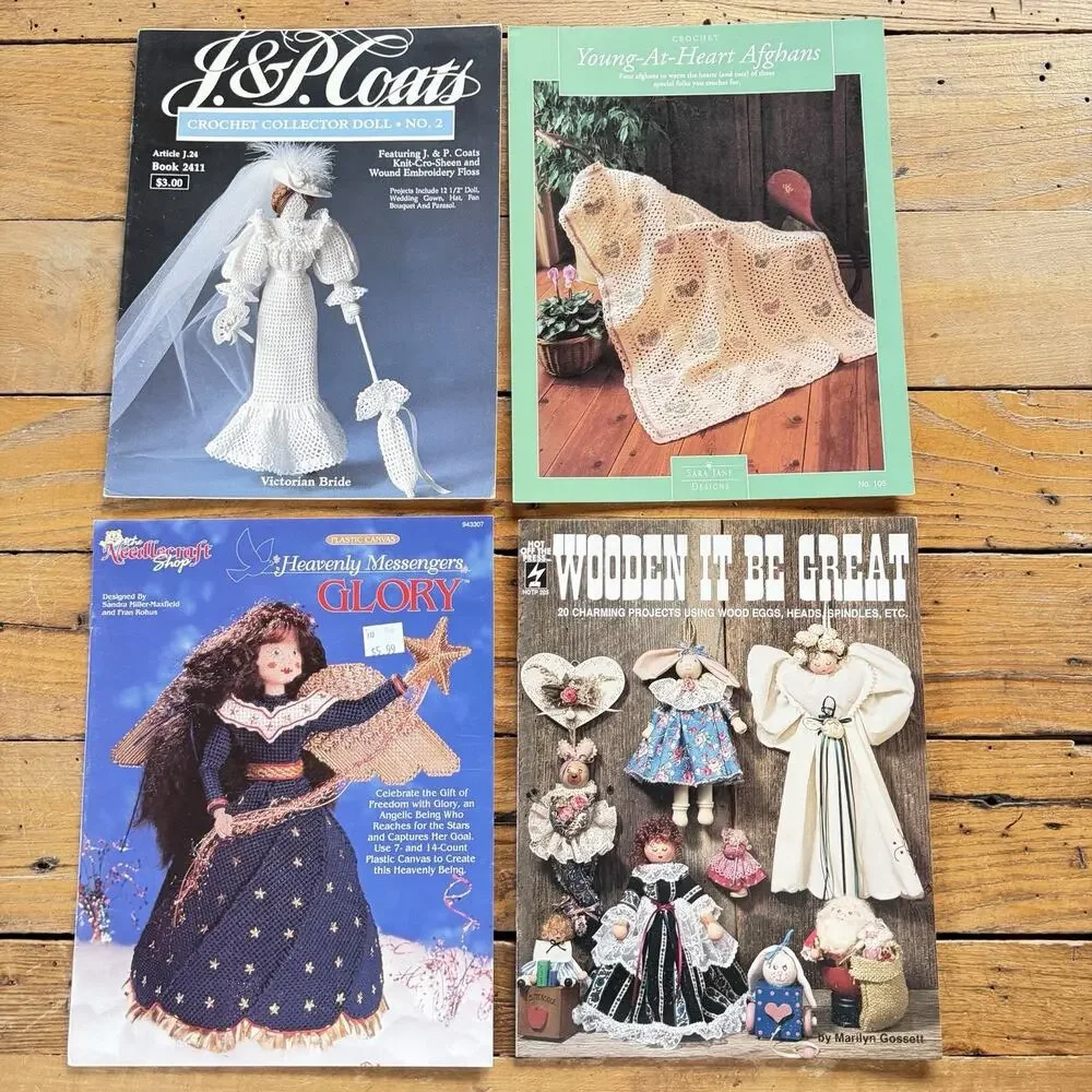Vintage Craft Book Lot Crochet Afghans Dolls Angel Wood Patterns J&P Coats